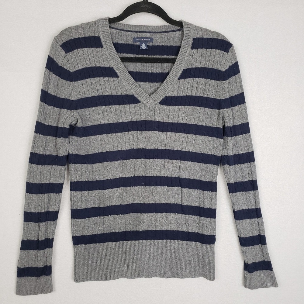 Tommy‎ Hilfiger Size L V-Neck Varsity Sweater Gray Blue Stripe Cotton Fisherman